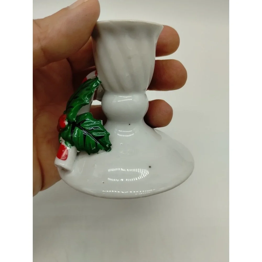 Set Of 2 Christmas Candlesticks Candy Cane Mistletoe White 2.5